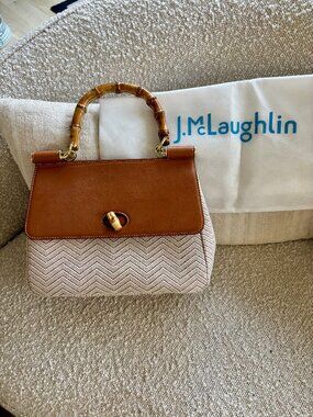 J. McLaughlin Beaded Herringbone Bamboo Handle Purse | Footed Bottom + Dust Bag